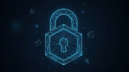 A glowing blue digital padlock, rendered in a low-poly wireframe style, symbolizes advanced cybersecurity, data protection, and secure technology on a dark background.