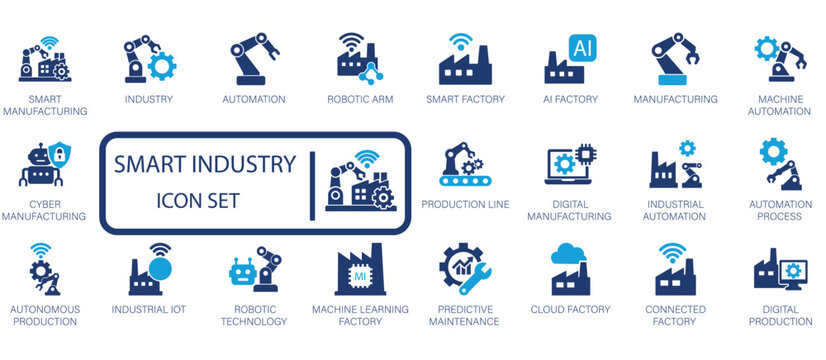 Smart Industry  vector icon set. Featuring robotic arm, AI factory, IoT, automation, digital manufacturing, and predictive maintenance concepts.