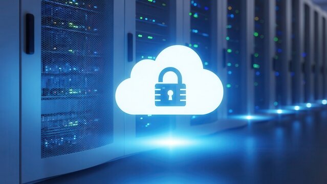 Secure cloud computing icon glowing above server racks in a data center, symbolizing robust digital protection and cybersecurity infrastructure.