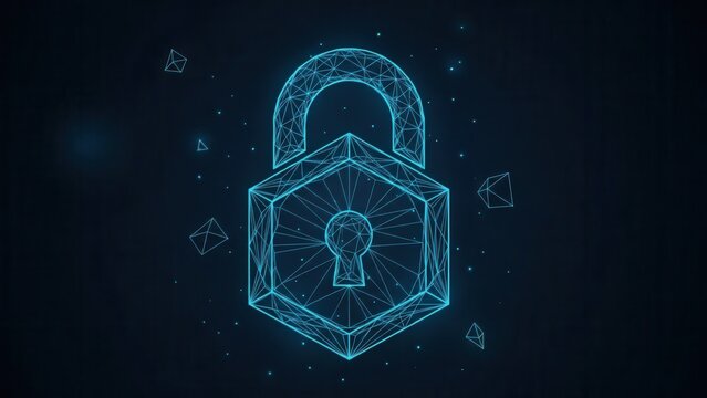 A glowing blue digital padlock, rendered in a low-poly wireframe style, symbolizes advanced cybersecurity, data protection, and secure technology on a dark background. - Powered by Adobe