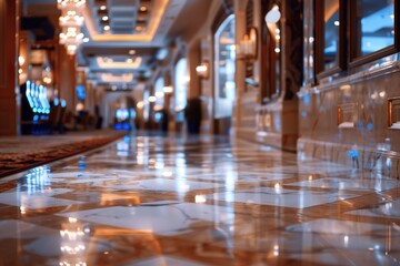 People walk through a luxury casino hallway. The space is lit with warm lights, highlighting the shiny floor. The atmosphere feels welcoming and lively with noise and activity