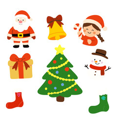 Cute Christmas Icon Set with Santa, Tree, Snowman and Holiday Elements