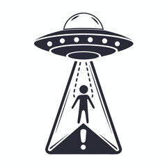 Flying Saucer Abduction Illustration, Silhouette of Human Under UFO, Night Forest Scenery