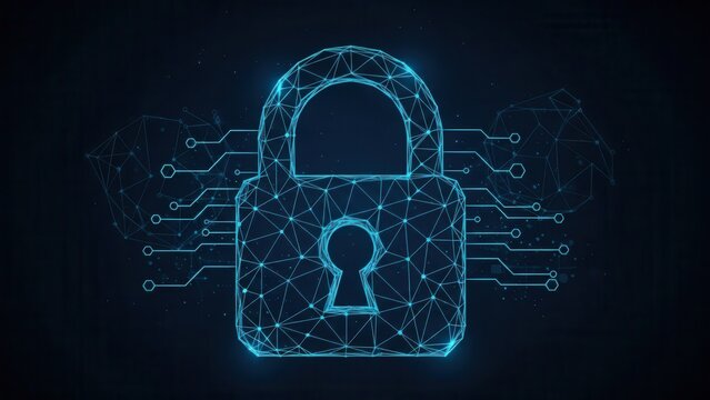 A glowing digital padlock, conceptualizing advanced cybersecurity and data protection within a technological network.