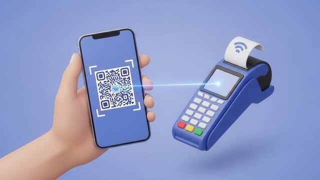 A stylized 3D illustration depicts a hand holding a smartphone displaying a QR code, scanning it towards a modern point-of-sale (POS) terminal for a seamless digital payment transaction. - Powered by Adobe