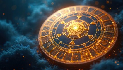 Golden zodiac wheel spins on dark mystical background with clouds and light particles. Celestial astrology chart shows symbols for horoscope and future prediction. Cosmic divination tool glows.