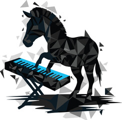 Obraz premium Geometric zebra playing keyboard with blue keys, polygonal animal musician concept, abstract performance scene, cad drawing flat vector illustration