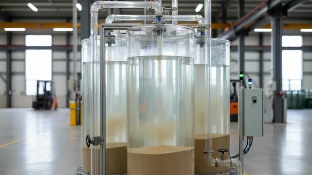 Medium shot of gravitybased sand separation system in industrial facility with sediment settling in transparent tanks under controlled flow.
