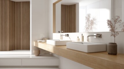 Fototapeta premium Bright and modern minimalist bathroom featuring dual white vessel sinks on a wooden vanity, a large mirror reflecting nature, and a unique curved slatted accent wall, bathed in natural light.