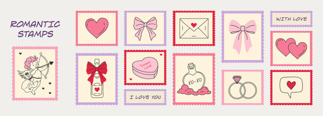 A cute set of romantic-themed stamps featuring hearts, bows, rings, Cupid, love letters, and sweet messages,in soft pink, red, and lavender frames, creating a playful and charming Valentine day vibe.
