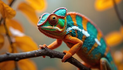 Colorful chameleon perches on tree branch. Vivid skin displays green, orange, blue, white patterns. Reptile eyes natural habitat with sight. Animal change, adaptation, flexibility, evolution,