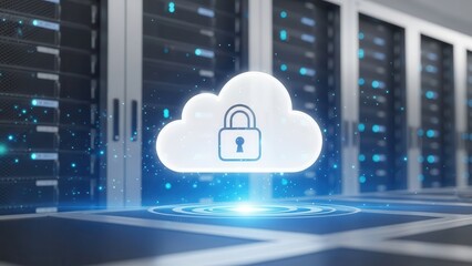 A central glowing cloud icon with a padlock symbolizes secure cloud computing and data protection within a futuristic data center environment.