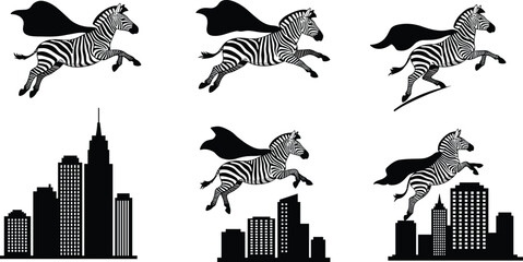 Obraz premium Flying superhero zebras with capes above city skylines, whimsical animal adventure, futuristic fantasy concept, black and white cad drawing flat vector illustration