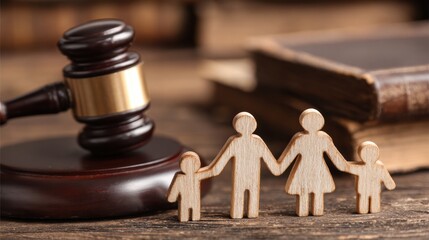 Family Law Court Setting With Judges Gavel on Table as Parents Hold Hands With Children During Legal Proceedings Regarding Custody Arrangements