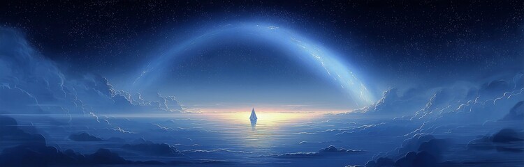 The vast sea with the sun setting in the sky shining on the horizon and an arch of blue light floating above it with clouds scattered around and one small sailboat sailing towards the distance
