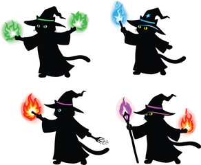 Four wizard cats casting colorful magical flames and spells, whimsical fantasy animal artwork, enchanted mystical illustration, cad drawing flat vector illustration