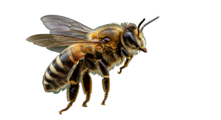 Detailed Macro Shot of a Honey Bee (Apis Mellifera) in Mid-Flight with Wings Spread Against a Solid Transparent Background