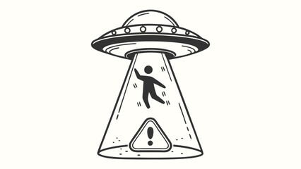 Outlined UFO Abduction with Light Beams and Stick Figure on White Background Art