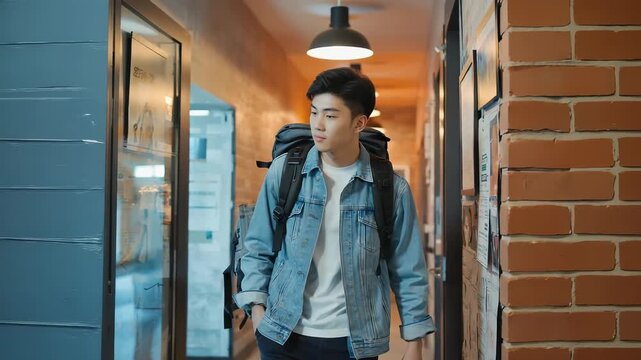 A young Asian male traveler walks through a bright hostel corridor. He checks room numbers while carrying a large backpack and wearing a denim jacket. Posters line the walls