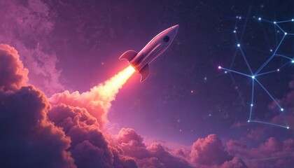 Rocket launching through pink clouds against purple starry sky. Spacecraft flies to future. Rocketship ascent symbolic for progress achievement, innovative startup business project with space tech.