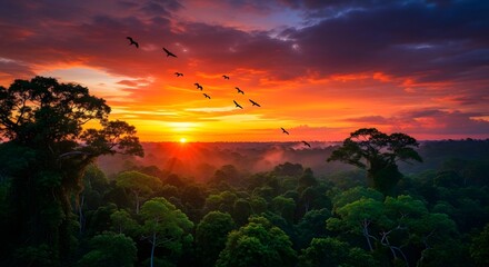 Vibrant sunset over amazon rainforest with birds flying above lush canopy