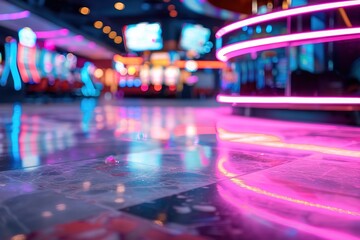 Vibrant neon lights fill the casino floor as patrons enjoy various games. The polished ground reflects the colorful lights, creating an exciting atmosphere at night