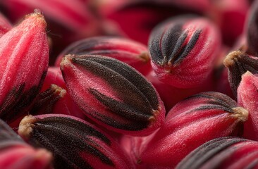 Extreme macro of textured pink and black seeds, showing fine surface details, bold colors, and intricate natural patterns suitable for food, nature, or abstract backgrounds.