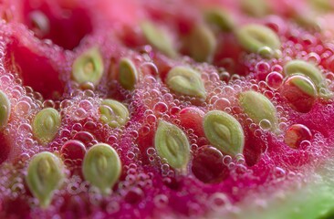 Macro close-up of vibrant pink fruit flesh with green seeds and sparkling bubbles, capturing fresh texture, moisture, and vivid natural details in high definition