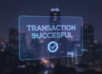 Neon hologram transaction successful alert on blurred night cityscape
