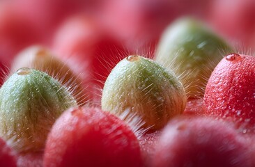Macro shot of tiny green and red fruit pods covered in fine hairs and dew, highlighting delicate textures, moisture droplets, and soft colorful depth in a natural close-up
