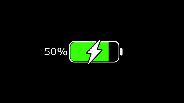 Battery icon battery with power level and lightning bolt concepts 2d animation with alpha matte.on a black background.with 4k video animation.