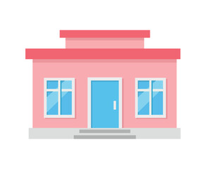 Simple pink building facade with blue door and windows isolated on