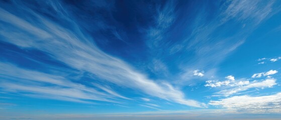 Dynamic blue sky with streaky white cirrus clouds and a serene horizon