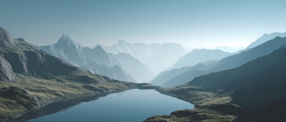 Serene alpine landscape with a tranquil mountain lake and hazy layered peaks under a clear blue sky