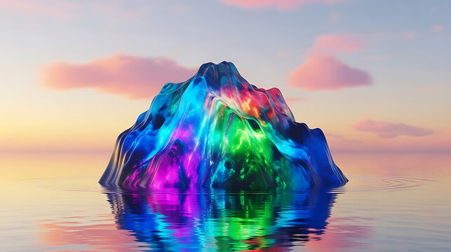 Vibrant rainbow iceberg floating in calm water at sunset - Powered by Adobe