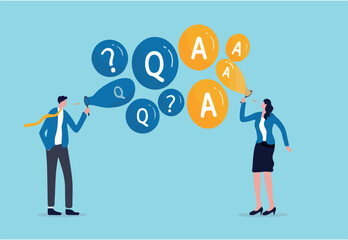 FAQ, frequently asked questions, discussion or questions and answers to get solution on any problems concept, smart businessman and businesswoman blow flying bubbles with Q and A, question mark sign
