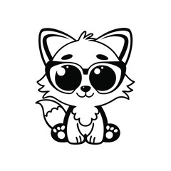 Minimalist Line Art of a Fox Cub with Glasses Sitting, Cute Animal Outline, White