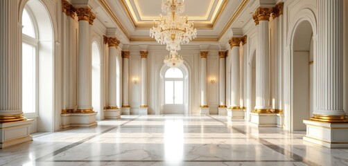 Grand hall with marble floors features classical columns, ornate gold trim. Large windows, crystal chandeliers illuminate spacious interiors, perfect for luxury events opulent decor. Sunlight streams