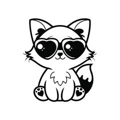Fox Sitting with Heart Sunglasses, Black and White Outline Illustration, Minimalist, Cute
