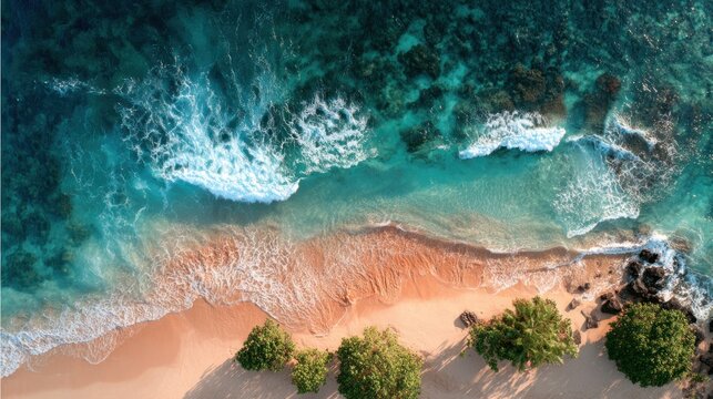 Aerial view of a pristine tropical beach with clear turquoise water, crashing waves, golden sand, and lush green trees and rocks under bright sunlight