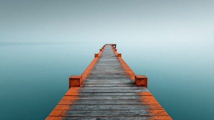 Obraz premium Long wooden pier with weathered paint extending into a tranquil blue-green sea under a minimalist, misty sky, creating a serene and contemplative seascape.