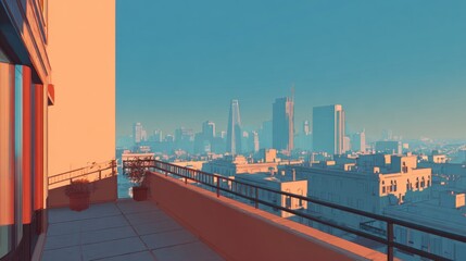 Obraz premium Panoramic city skyline from a balcony at sunrise or sunset, featuring modern buildings, vibrant warm and cool tones, and an expansive urban landscape.