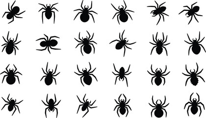 Variety of Spider Silhouettes Collection, Black Arachnid Icons, Diverse Crawling Spiders for Halloween and Scary Themes Vector