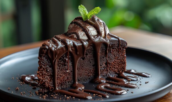Slice of rich chocolate fudge cake with melted chocolate pouring onto plate 