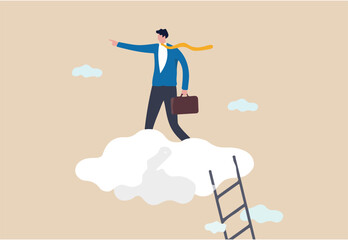 Career development, senior management position, leadership vision, success business strategy concept, confidence businessman leader climbing stair to high cloud to guide company to the right direction