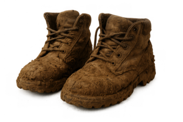 Pair of utility hiking or work boots heavily covered in dried brown mud. Showing dirt, rough texture, and hard work