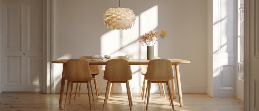 Sunlit scandinavian dining room with modern wooden furniture and elegant pendant light