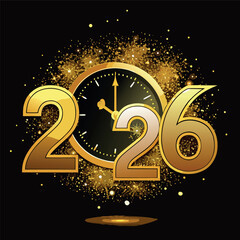 Golden 2026 New Year celebration illustration with balloons, stars, ribbons, and festive decorations happy new year 2026