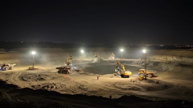 Nighttime medium shot of openpit excavation with powerful floodlights illuminating digging equipment as workers operate in lowlight conditions.