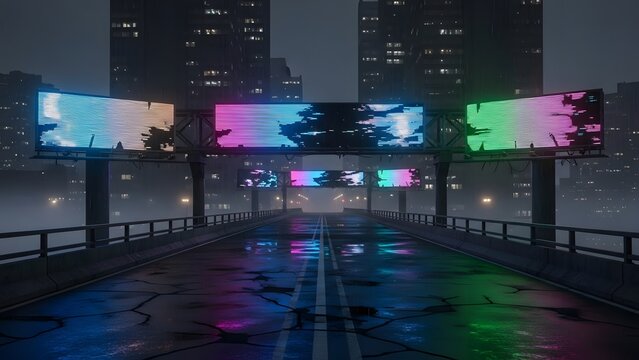 Cyberpunk Bridgescape with Neon Reflections and Digital Glitches, Cityscape with Billboard Signs in the Style of Cyberpunk 2077